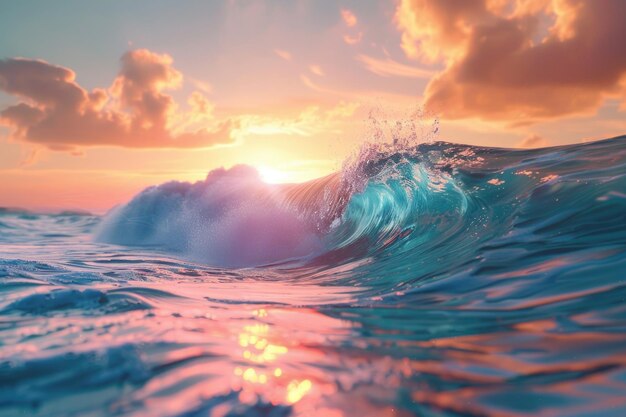 Colorido Océano Ola El agua del mar en forma de cresta La luz del atardecer y hermosas nubes en el fondo