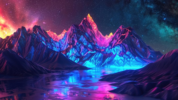 Colorido paisaje 3D que muestra montañas brillantes ríos radiantes y un cielo estrellado para una experiencia visual cautivadora fondos 3D