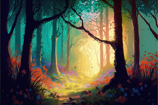 Colorido paisaje de bosque de primavera con árboles florecientes y flores al atardecer Concepto de fantasía Pintura de ilustración IA generativa