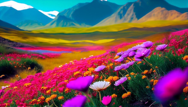 Colorido paisaje de flores paisaje de montaña Campo Verano Día de San Valentín Generativo Ai
