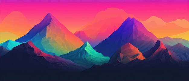 Un colorido paisaje de montaña con un arco iris en la parte superior.