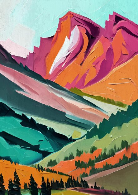 Colorido paisaje de montaña pintado viaje imprimible Lámina artística