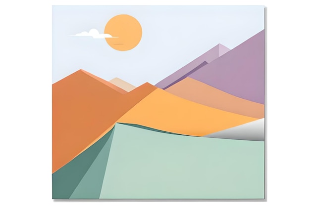 Un colorido paisaje de montaña con un sol en el cielo