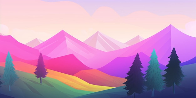 Un colorido paisaje montañoso con un arco iris y un árbol en la cima.