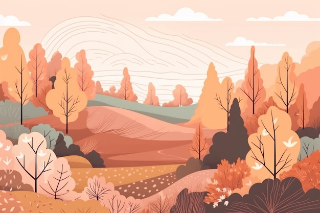 Un colorido paisaje otoñal con una montaña al fondo.