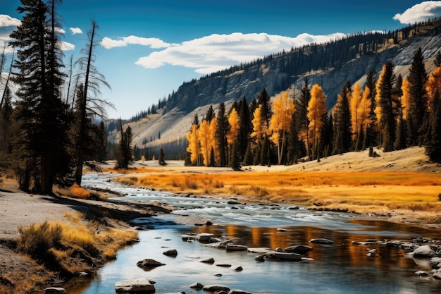 Colorido paisaje otoñal con río de montaña y alerces amarillos Paisaje otoñal en Yellowstone Wyoming EE.UU. AI generado