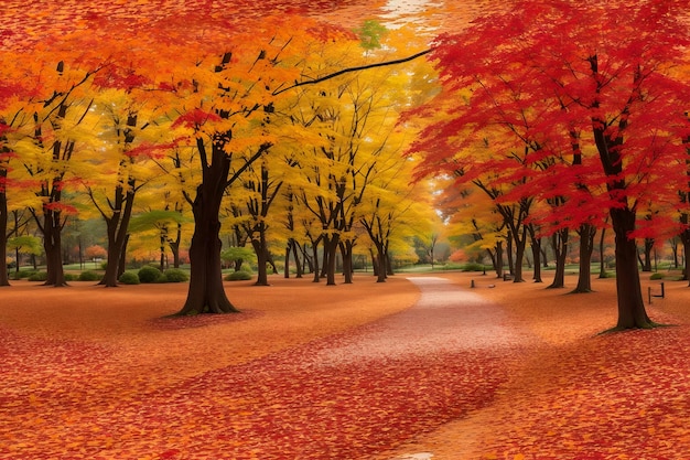 Un colorido paisaje de otoño con hojas cayendo de los árboles y una alfombra vibrante generada ai