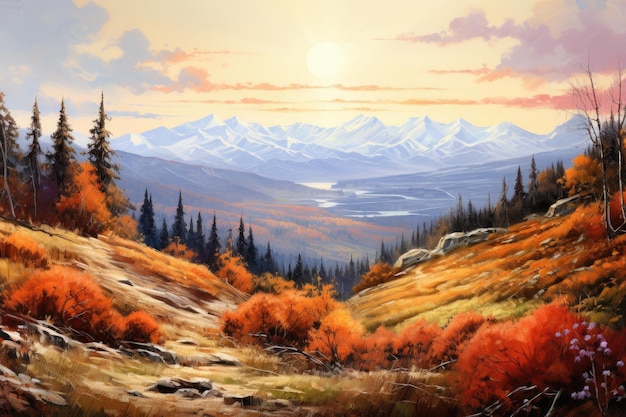 Colorido paisaje de otoño en las montañas Pintura digital Ilustración Panorama paisaje de otoño de montaña AI Generado