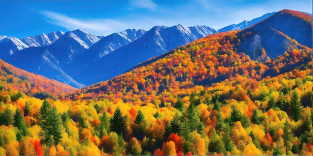 Colorido paisaje de otoño con vistas a las montañas en un día soleado