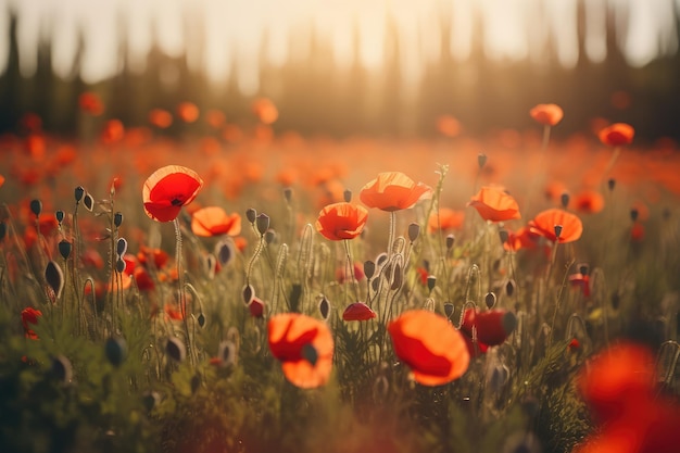 Colorido paisaje de primavera y verano con flores de amapola rojas generadas por la IA