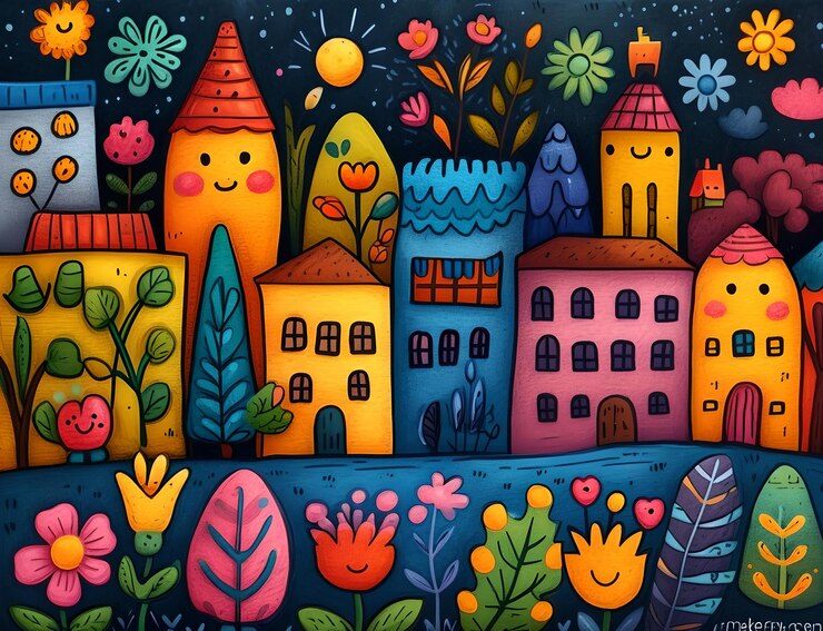 El colorido paisaje urbano de dibujos animados de noche con flores y árboles perfecto para el papel tapiz o el fondo