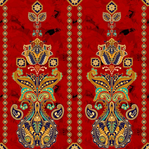 Colorido Paisley de patrones sin fisuras Telón de fondo indio rojo