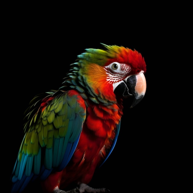 El colorido pájaro guacamayo aislado sobre un fondo negro de cerca