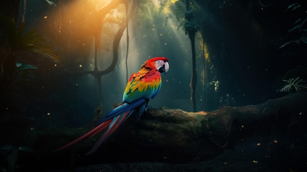 Colorido pájaro guacamayo en el fondo del bosque ai generado