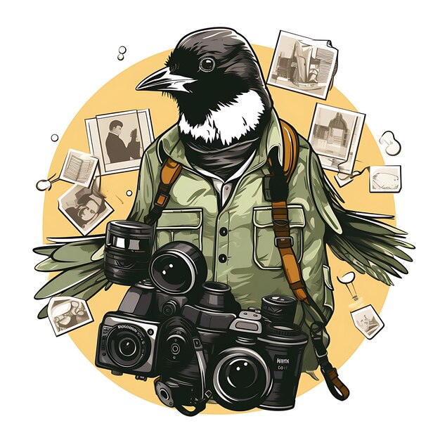 Colorido un pájaro Magpie con un traje de fotógrafo sosteniendo una cámara y idea de colección de sellos de animales