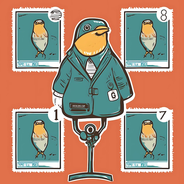 Colorido un pájaro Robin con un traje de reportero de noticias sosteniendo un micrófono idea de colección de sellos de animales