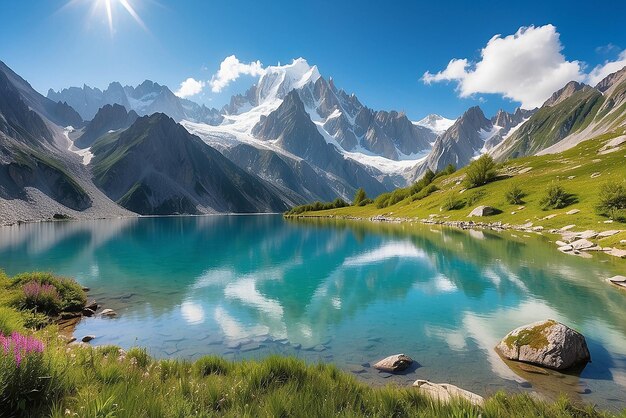 Colorido panorama de verano del lago Lac Blanc con Mont Blanc Monte Bianco en el fondo Lugar de Chamonix hermosa escena al aire libre en Vallon de Berard Reserva Natural Alpes Graian Francia Europa