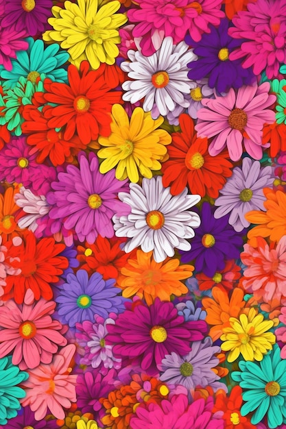 Un colorido papel tapiz de flores con un arcoíris de flores.