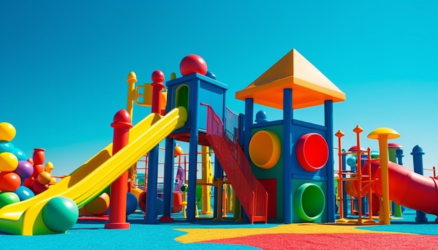 Un colorido parque infantil con un tobogán y un cielo azul de fondo.