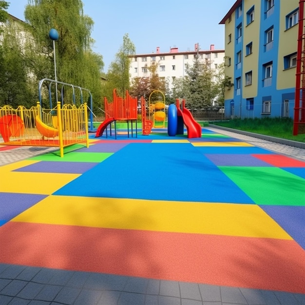 Un colorido parque infantil con un tobogán y un edificio azul al fondo.