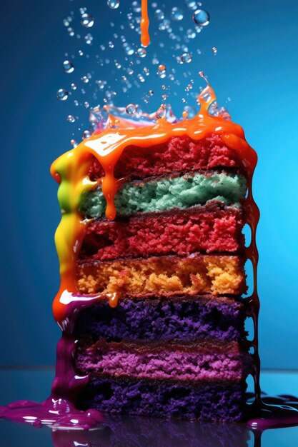 Foto colorido pastel de arco iris con líquido derramando genial para conceptos de comida y postre