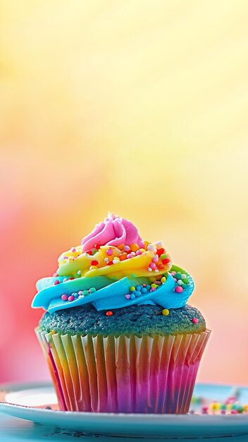 Un colorido pastel de arco iris con salpicaduras en el plato