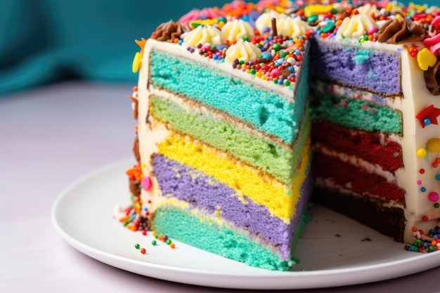 Colorido pastel en capas con colores alternos de glaseado y chispas creado con ai generativo