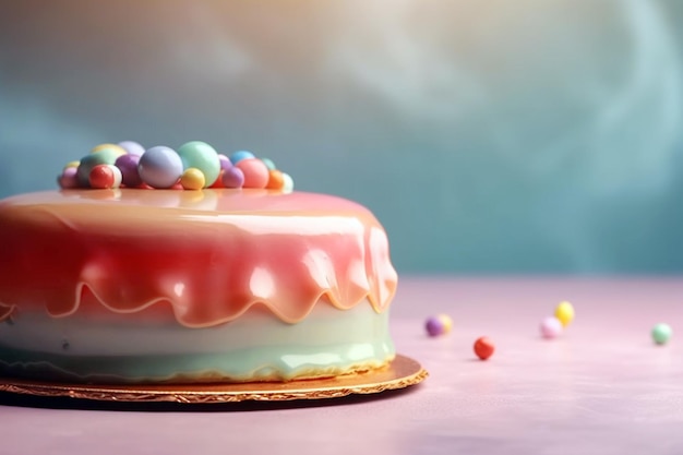 Un colorido pastel de cumpleaños sobre fondo pastel Dulce y delicioso espacio de copia de pastel de feliz cumpleaños Concepto de celebración enfoque selectivo generado por IA