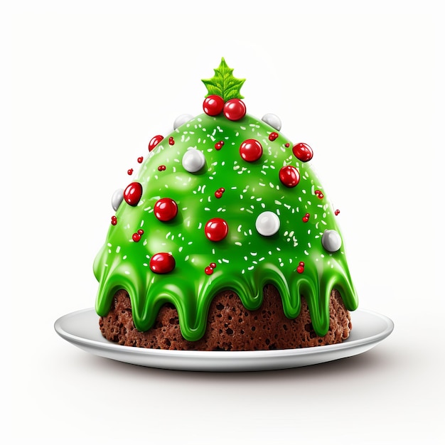 Colorido pastel de pudín de Navidad con helado verde y salpicaduras