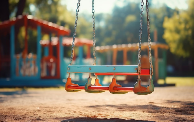 Un colorido patio de recreo con un columpio en el que los niños se balancean alegremente en el aire