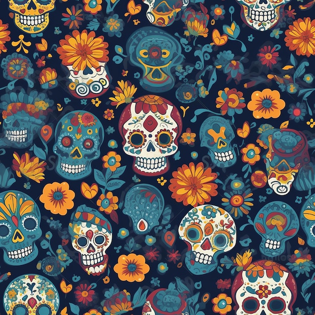 Un colorido patrón de calaveras con flores.