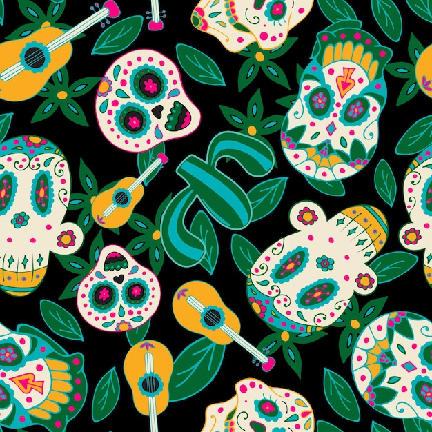 Colorido patrón sin costuras con calavera tradicional mexicana dibujada a mano