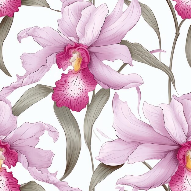 El colorido patrón sin costuras de la orquídea Cattleya sobre un fondo blanco