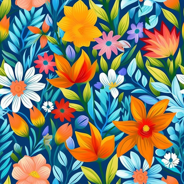 Un colorido patrón sin costuras con una variedad de flores y hojas veraniegas brillantes