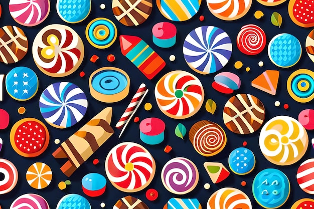 Un colorido patrón de dulces y un lápiz.