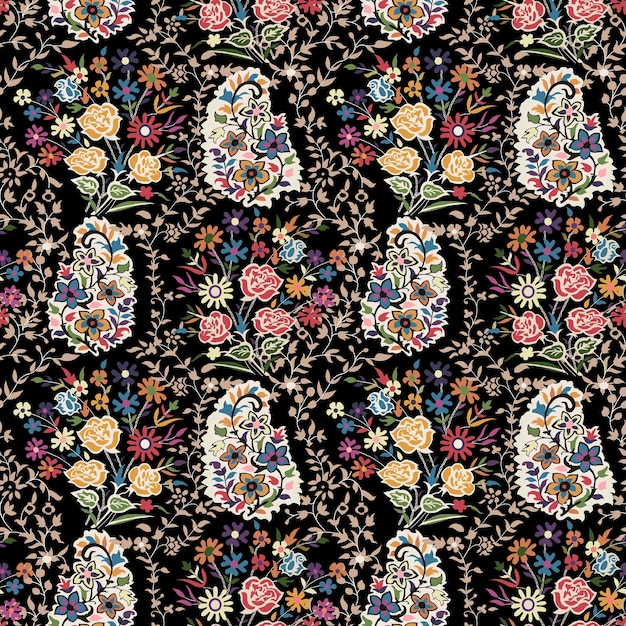 El colorido patrón floral de perejil en tela negra