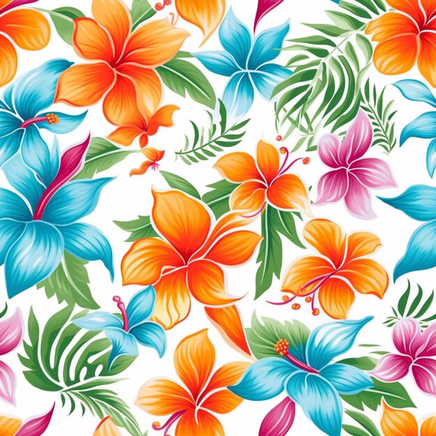 Foto un colorido patrón de flores hawaianas con hojas y flores generativas ai