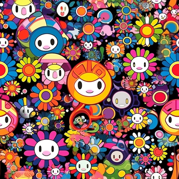 Un colorido patrón de flores con las palabras "hello kitty" en él.