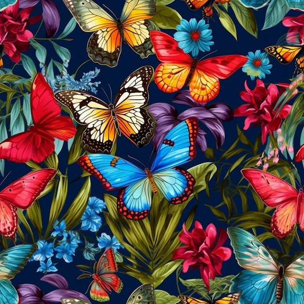 un colorido patrón de mariposas y flores sobre un fondo azul generativ ai