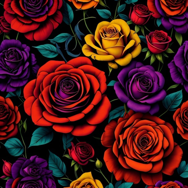 Un colorido patrón de rosas con hojas y flores.