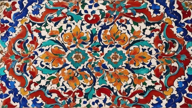 Foto el colorido patrón tradicional uzbeko en la baldosa de cerámica en la pared del fondo de la mezquita