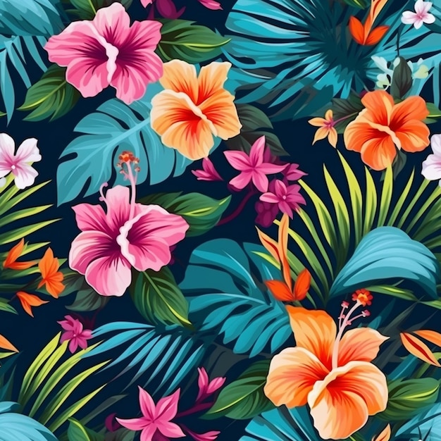 Un colorido patrón tropical con flores y hojas ai generativo