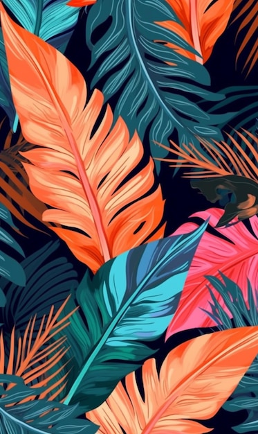 Un colorido patrón tropical con plumas sobre un fondo oscuro.