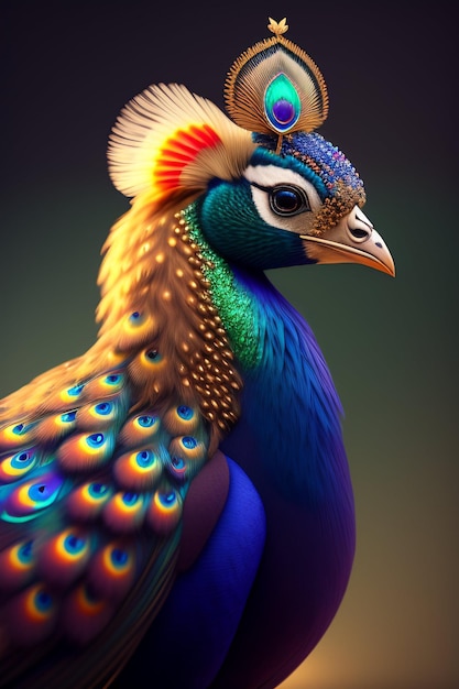 Un colorido pavo real con una corona en la cabeza.