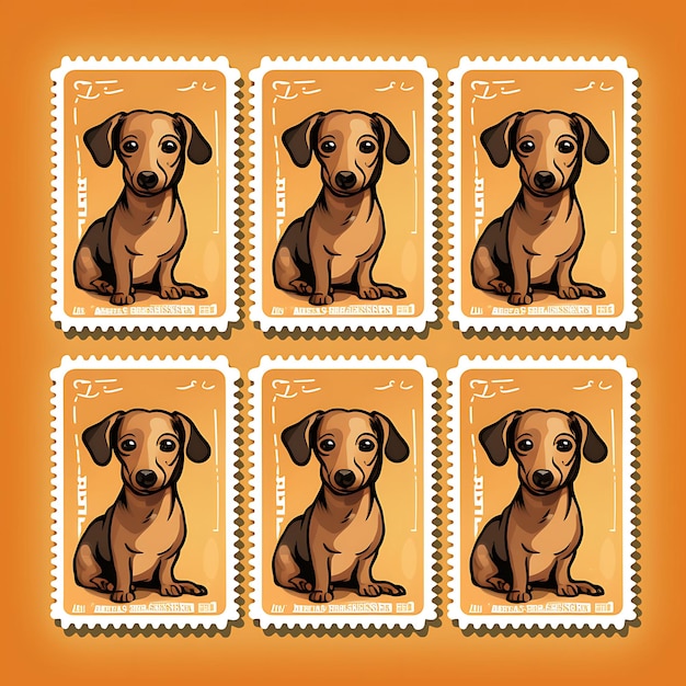Colorido un perro Dachshund con traje de perrito caliente con un pan y mirando animal idea de colección de sellos