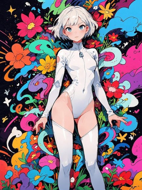 Foto un colorido personaje de anime con un fondo floral abstracto