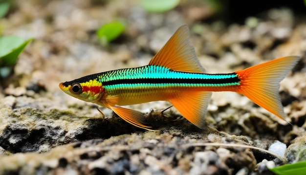 Foto un colorido pez tropical está en el suelo