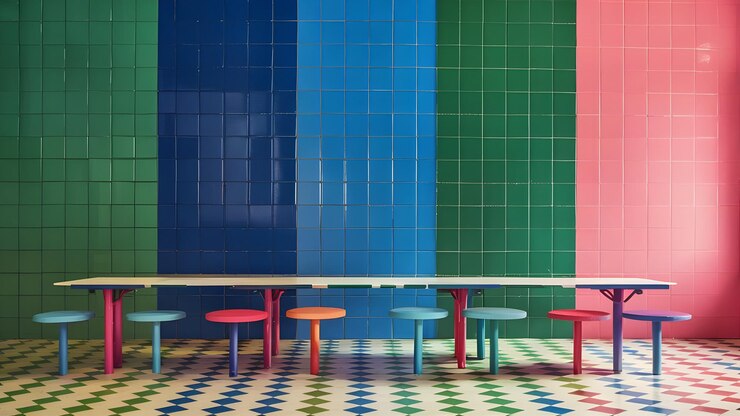 un colorido piso de azulejos con diferentes mesas y sillas de colores