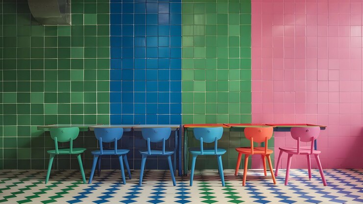un colorido piso de azulejos con sillas y una pared colorida