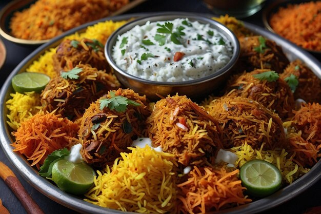 El colorido plato de biriyani servido con Raita fresco